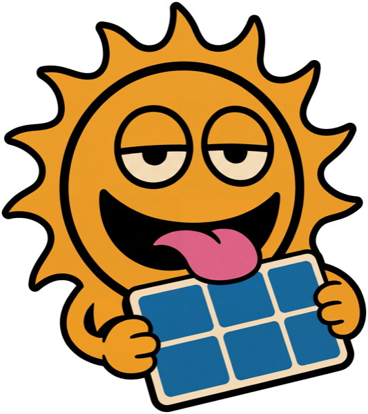 Fake Power Co. sun mascot holding a solar panel